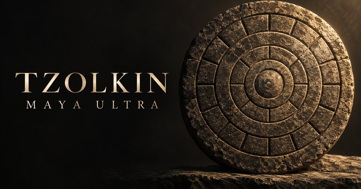 Tzolkin Maya Ultra, composición editorial de piedra y círculos bajo luz cálida dorada.
